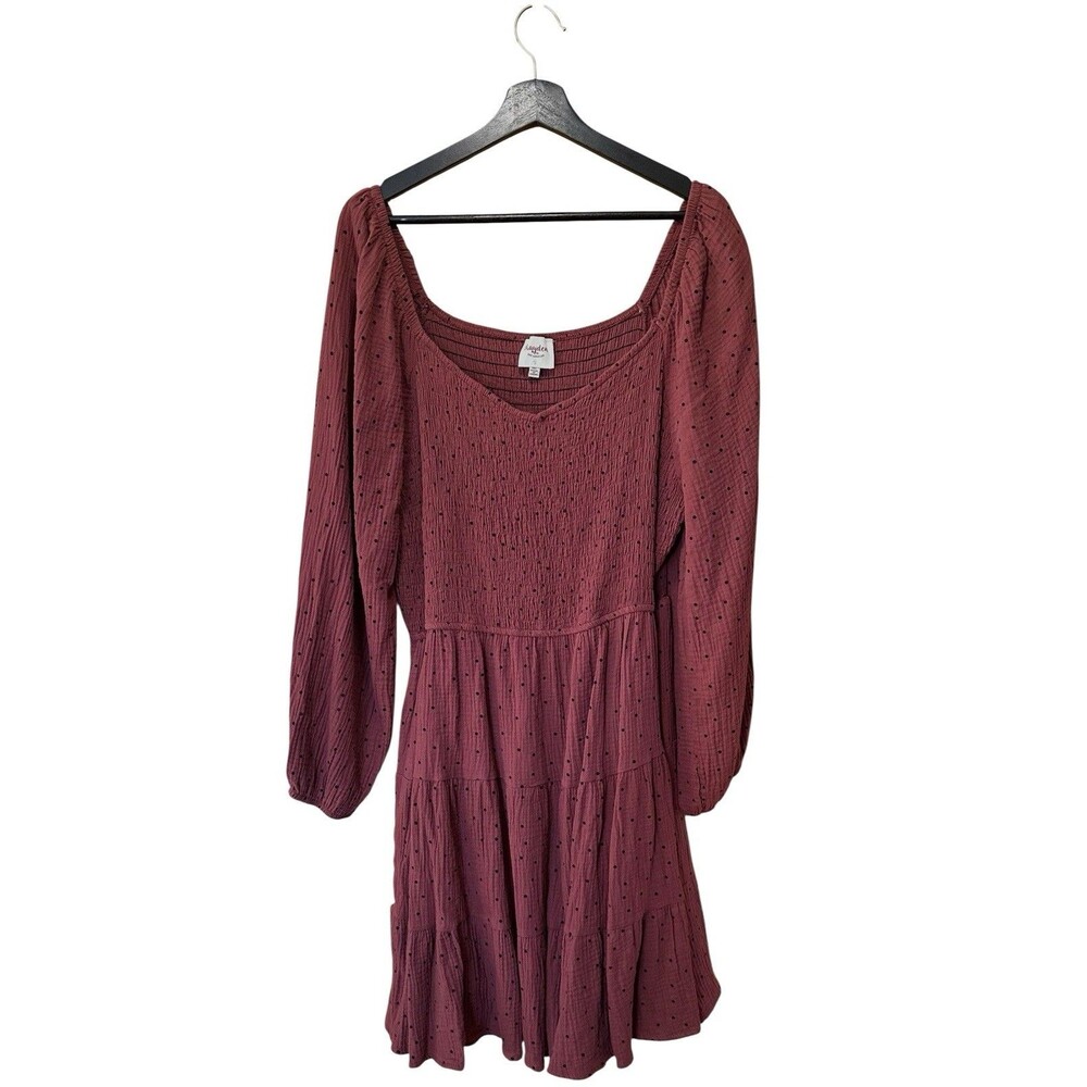 Hayden Los Angeles Dress 1XL Boho Peasant Burgundy Polka Dot Smocked Tiered